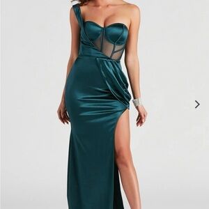 Windsor Teal Satin Maxi gown dress Small